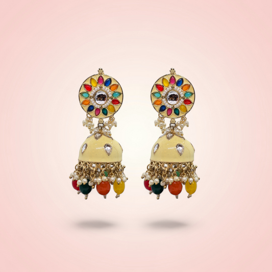 Multi Color Zumka Earrings Gold Plated With Meena Work And Precious Stones
