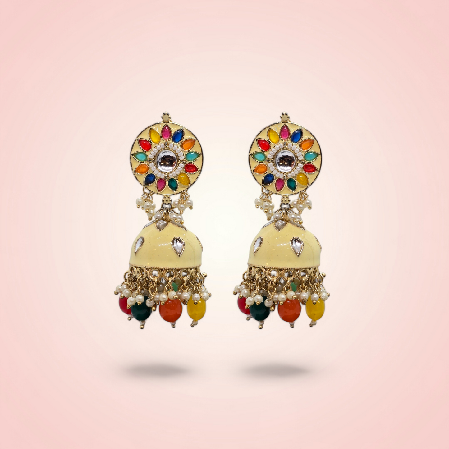 Multi Color Zumka Earrings Gold Plated With Meena Work And Precious Stones