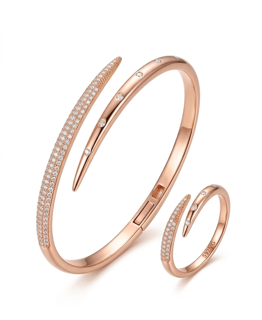 925 sterling silver rose gold bracelet and ring set with CZ stones - Jija Jewellery