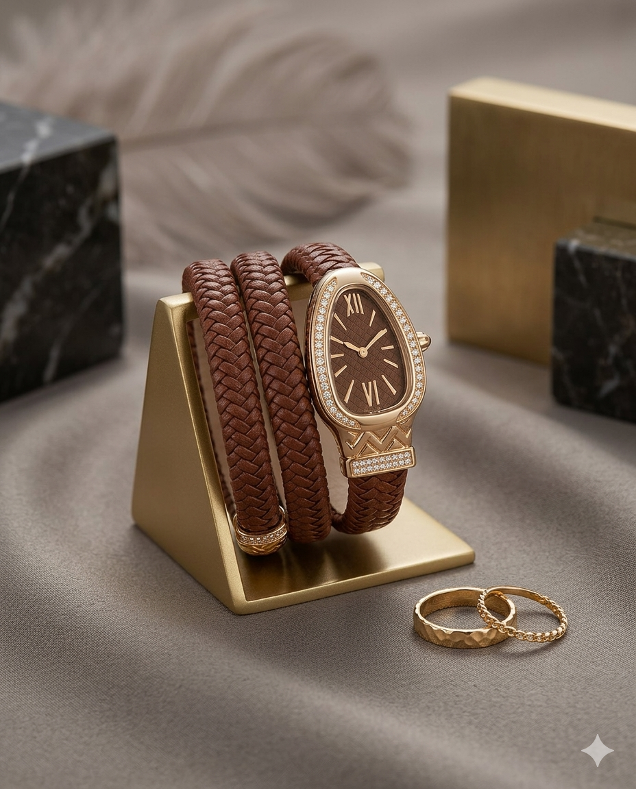 Serpenti-Style Leather Wrap Watch in Mahogany Brown