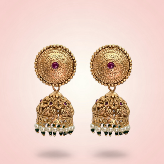 Gold Plated Zumka Earrings with intricate floral design and pearl accents, perfect for weddings and special occasions from RN.