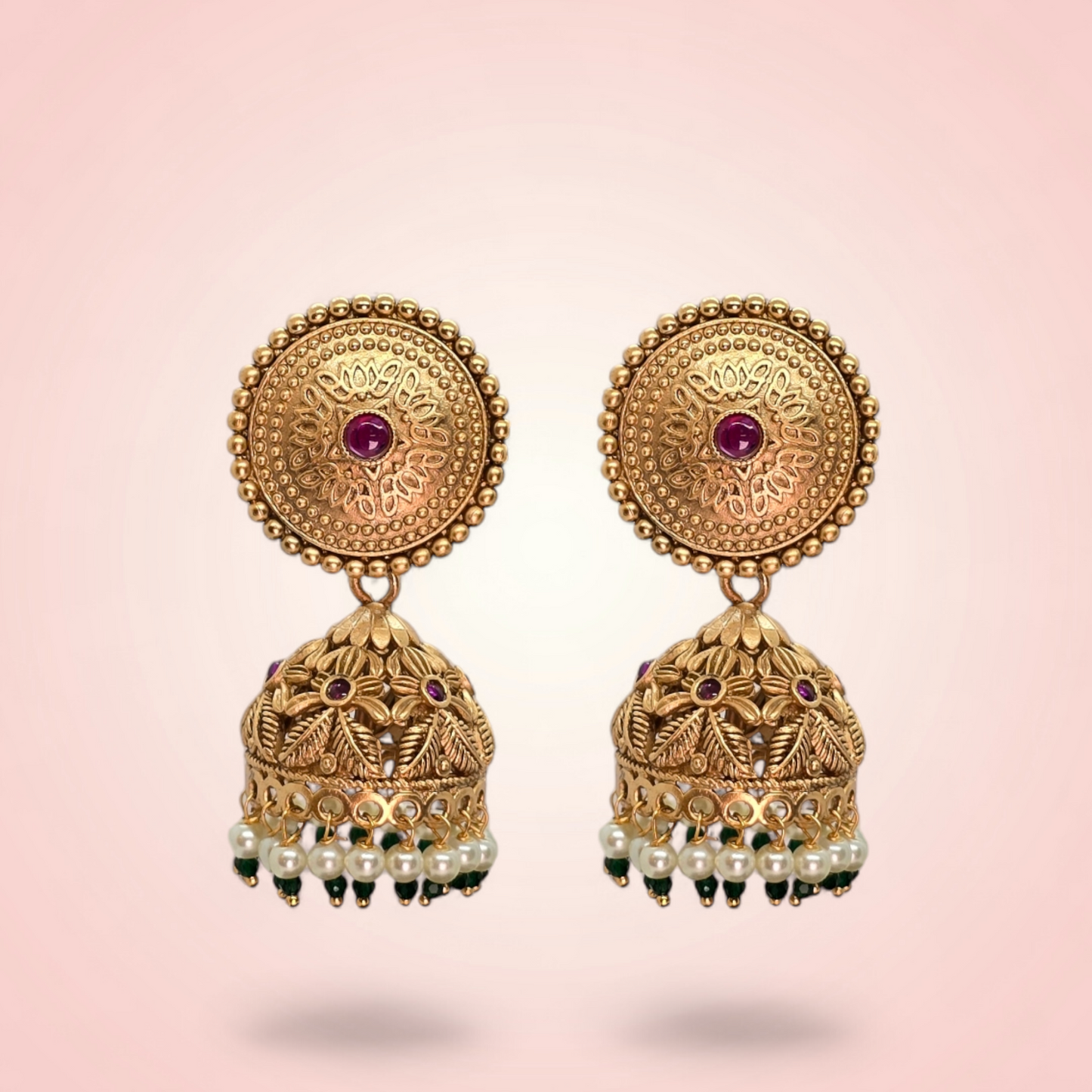 Gold Plated Zumka Earrings with intricate floral design and pearl accents, perfect for weddings and special occasions from RN.