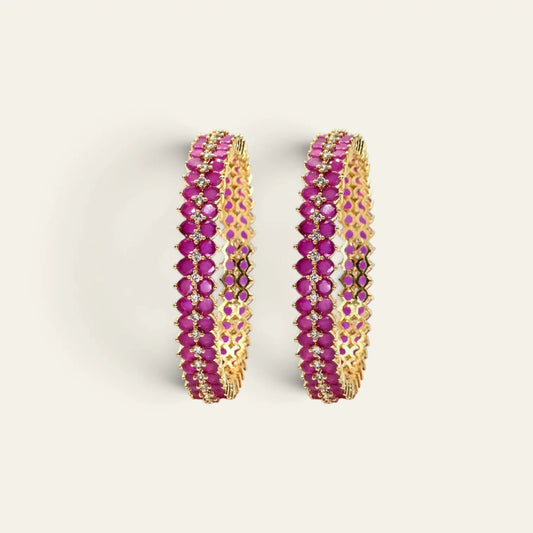 Jija Designer Jewellery Ruby Bangle Set - Gold Plated with CZ White Stone Accents