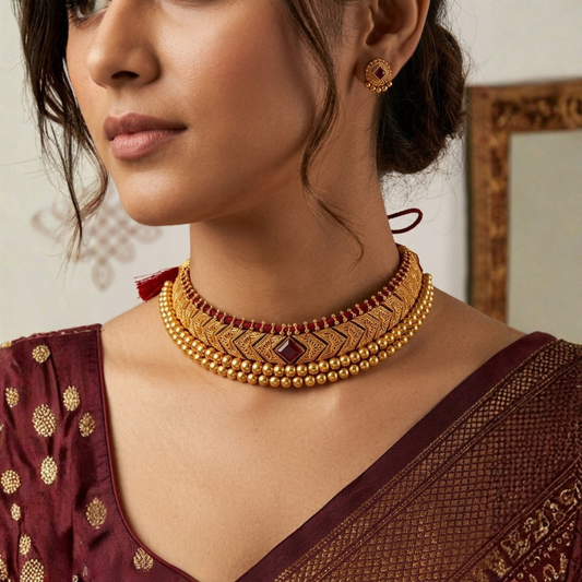 Maharashtrian Thushi choker layered golden bead detail close-up | Jija Jewellery