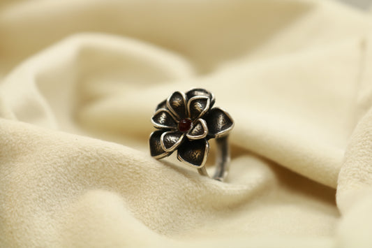 Silver Blossom Ring Side View – Adjustable Open-Band Oxidized Silver Flower Ring | Jija Jewellery