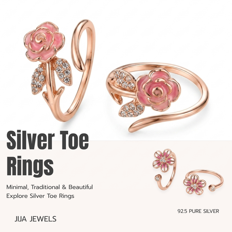 Silver Toe Rings Collection by Jija Jewellery – 925 Sterling Silver with Rose Gold Plating | Enamel, MOP & CZ Designs | Adjustable Open Band
