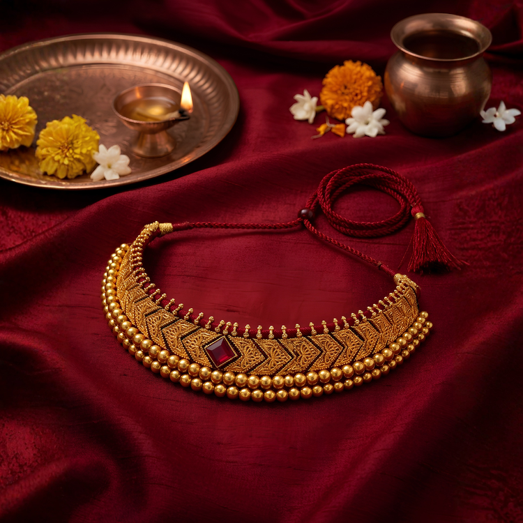Gold plated anti-tarnish Thushi necklace front view with ruby centre stone | Jija Jewellery