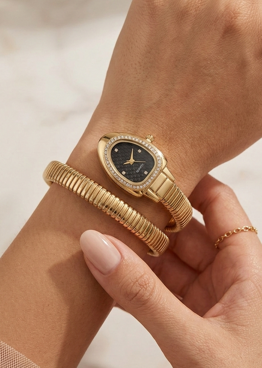 Golden Serpent Flex Watch – Anti-Tarnish Gold Plated Snake Bracelet Watch (Black)