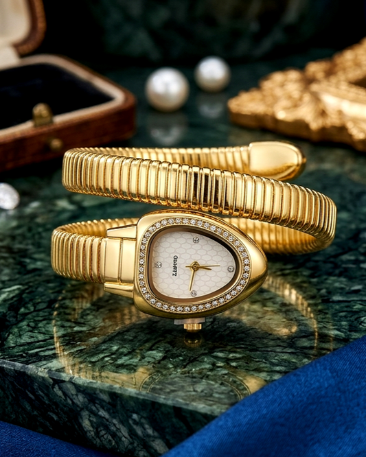 Golden Serpent Flex Watch – Anti-Tarnish Gold Plated Snake Bracelet Watch (White)