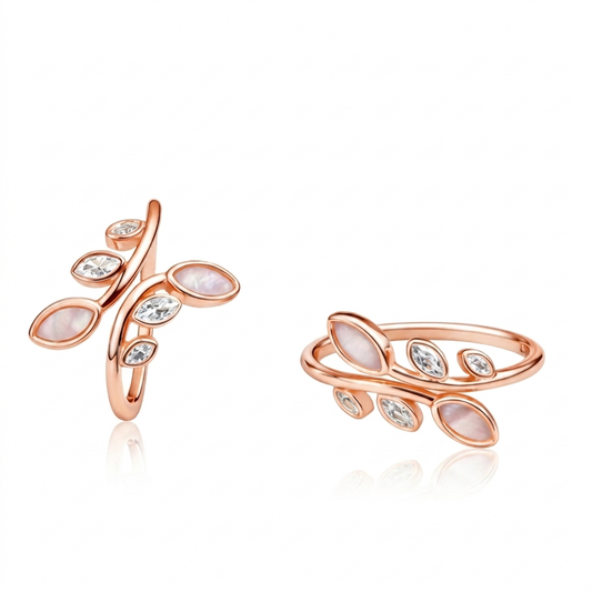 Mother of Pearl Rose Gold Leaf Toe Ring in 925 Sterling Silver – Marquise MOP and CZ Stones, Adjustable Open Band – Jija Jewellery