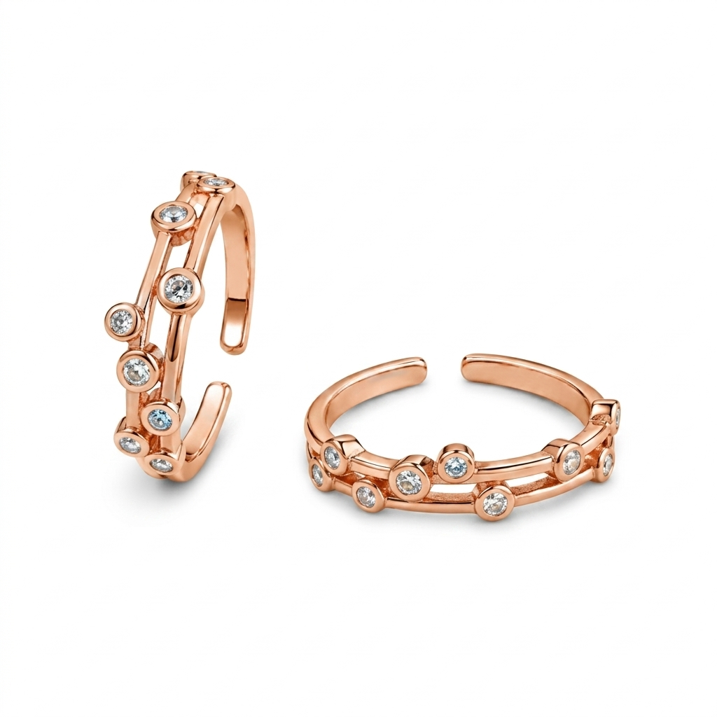 Double Row Bubble Crystal Toe Ring in Rose Gold – Bezel-Set CZ Stones, Open Adjustable 925 Silver Band | Jija Jewellery