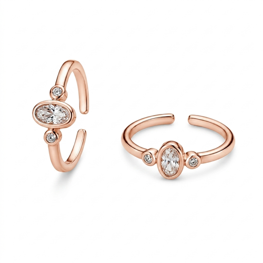 Oval Solitaire Toe Ring with Triple Crystal Bezel Setting in Rose Gold Silver – Jija Jewellery | Open Adjustable Band | CZ Centre Stone | Minimalist Design