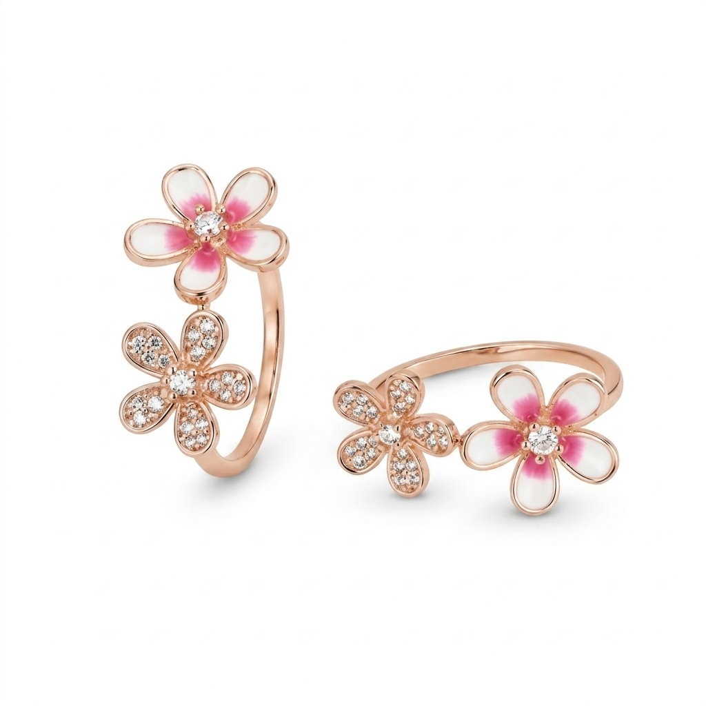 Double Daisy Toe Ring with Pink & White Enamel Petals and Pavé Crystal in Rose Gold Silver – Jija Jewellery | Adjustable Open Band | Two Flower Design | CZ Stones