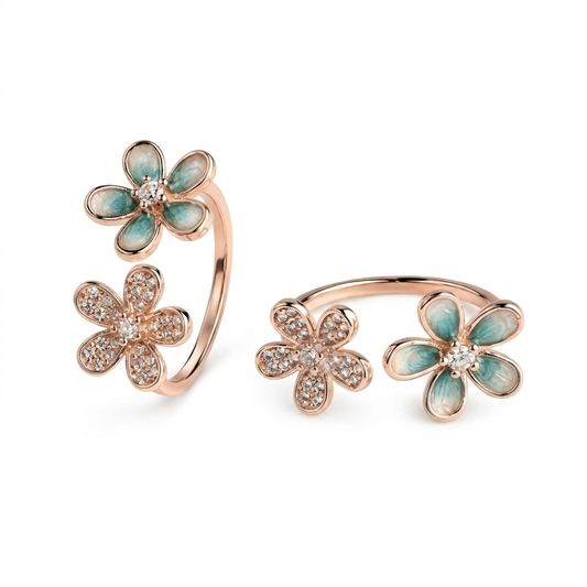 Double Daisy Toe Ring with Teal Enamel Petals and Pavé Crystal in Rose Gold Silver – Jija Jewellery | Adjustable Open Band | Two Flower Design | CZ Stones