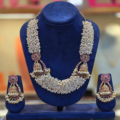 Golden Pearl Symphony South Indian bridal necklace with jhumki latkans – festive jewellery for women – Jija Jewellery