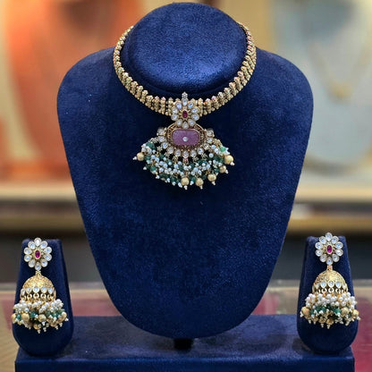 PadmaRatna Choker – Gold Plated Kundan & Pink Gemstone Bridal Ethnic Necklace Set | Festive Wedding Jewellery