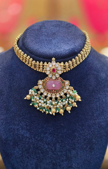 PadmaRatna Choker – Gold Plated Kundan & Pink Gemstone Bridal Ethnic Necklace Set | Festive Wedding Jewellery