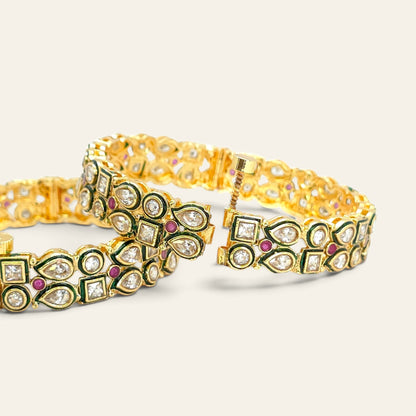 Kundan gold plated bangles with ruby accents and green meenakari work, pair view