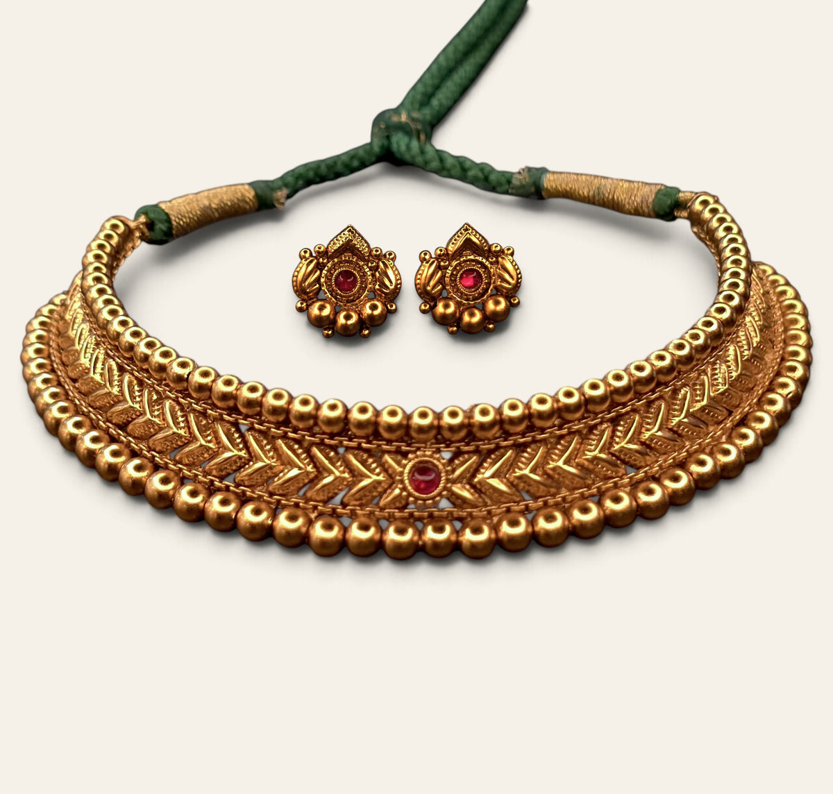 Hirkani antique gold plated Thushi choker set with green dori and adjustable tie closure – traditional Maharashtrian jewellery