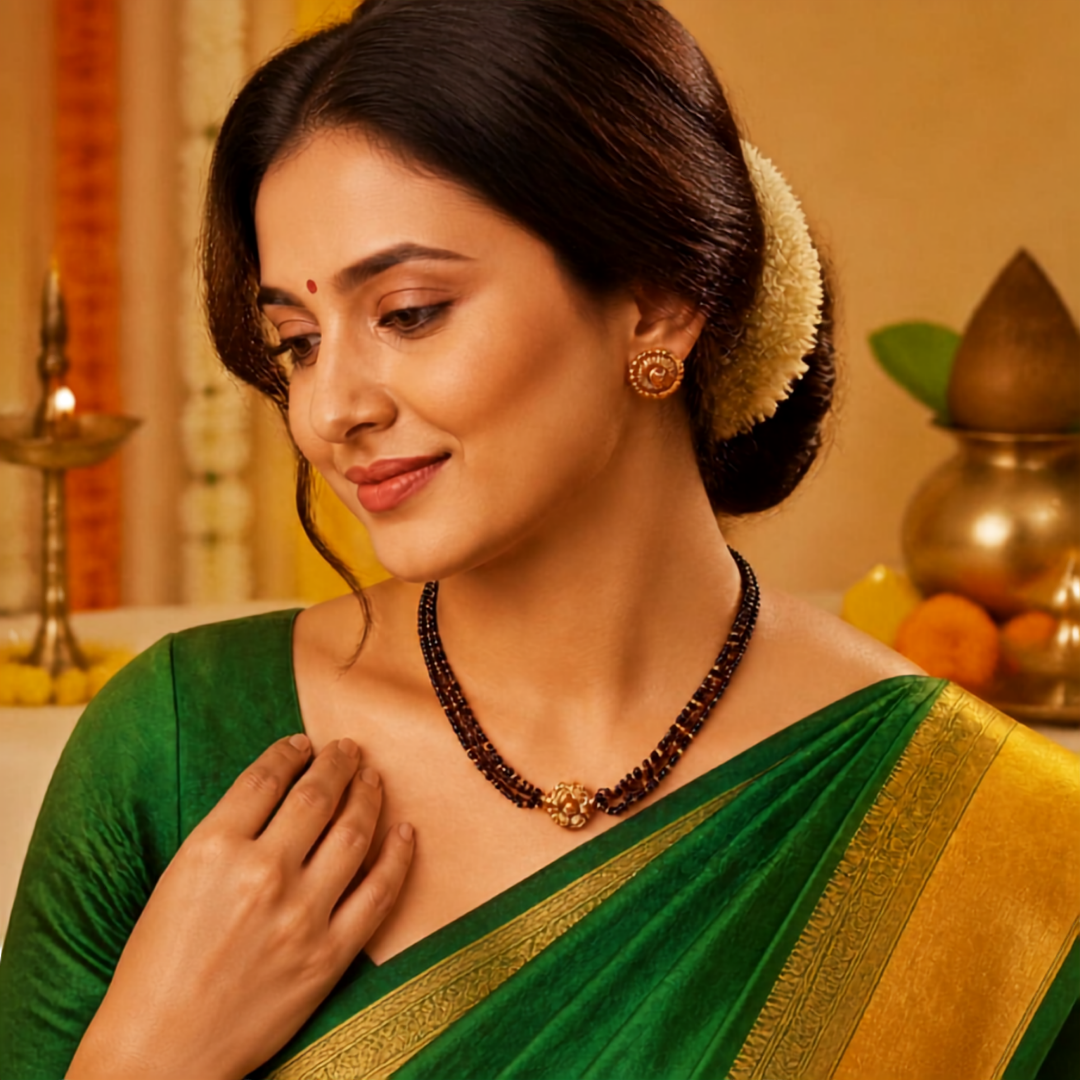Gold plated black bead mangalsutra set with floral centerpiece and matching stud earrings on display