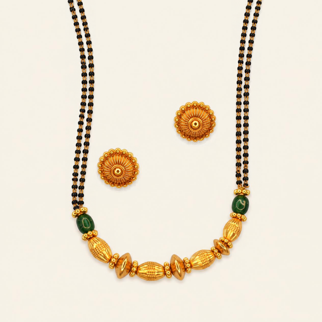 Long gold plated mangalsutra with green beads and double-strand black beads – Jija Jewellery