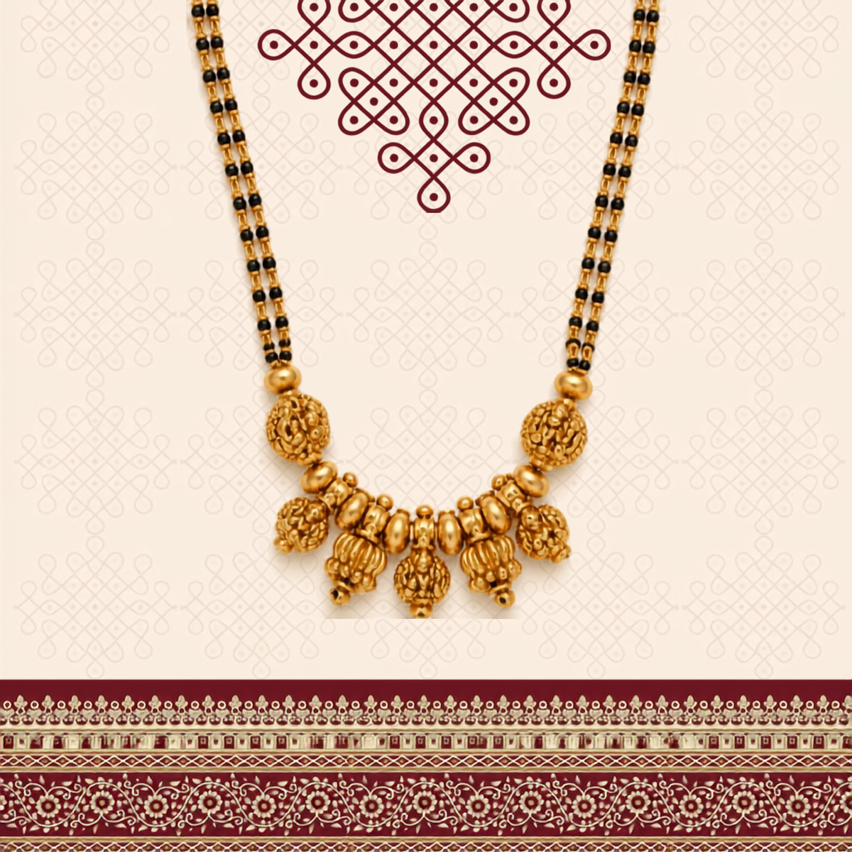 Lakshmi temple gold mangalsutra double strand black bead chain with hand-carved deity motif antique gold beads
