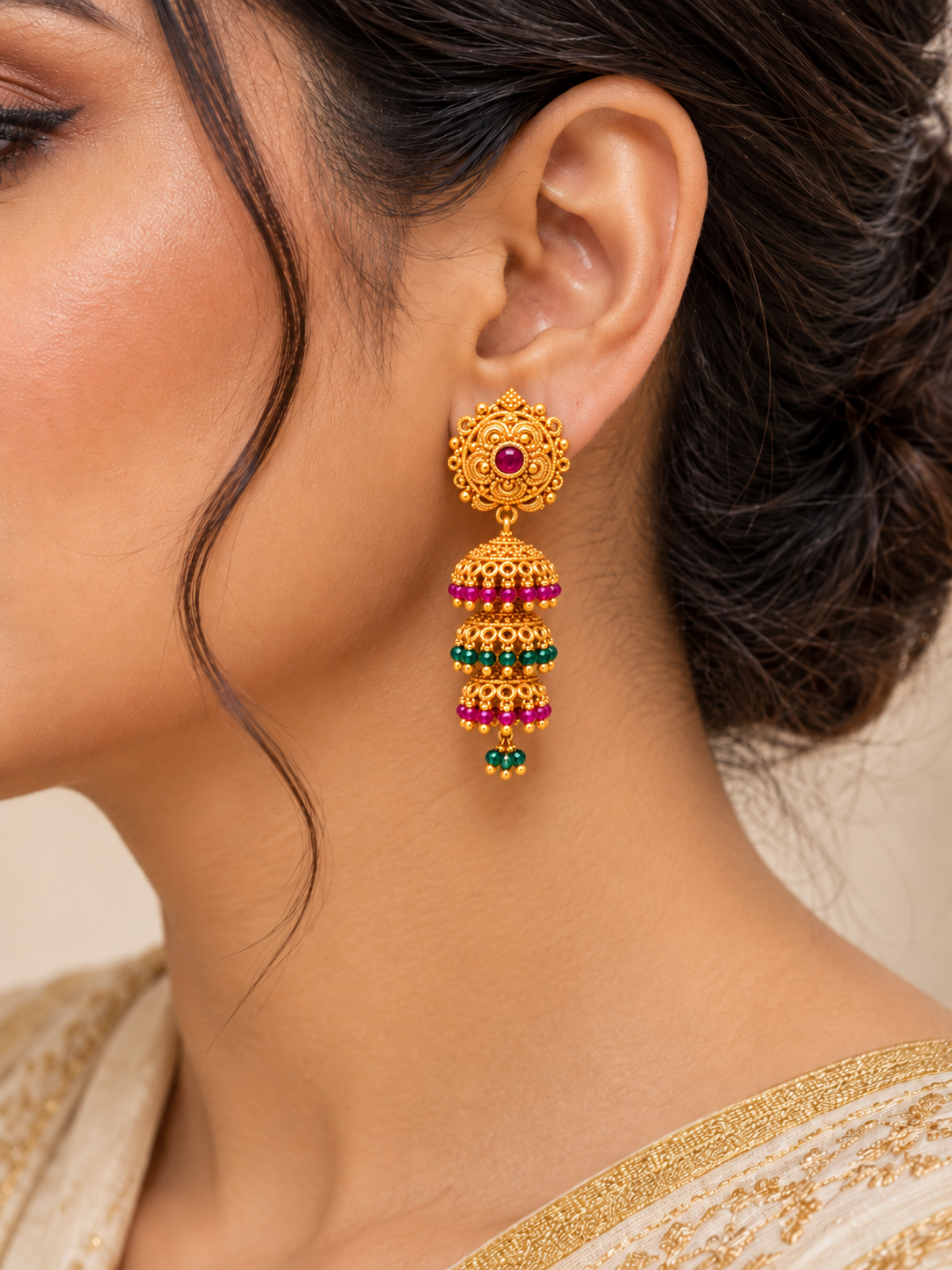 Gold-plated 3-layer jhumka earrings with pink and green beads – portrait view