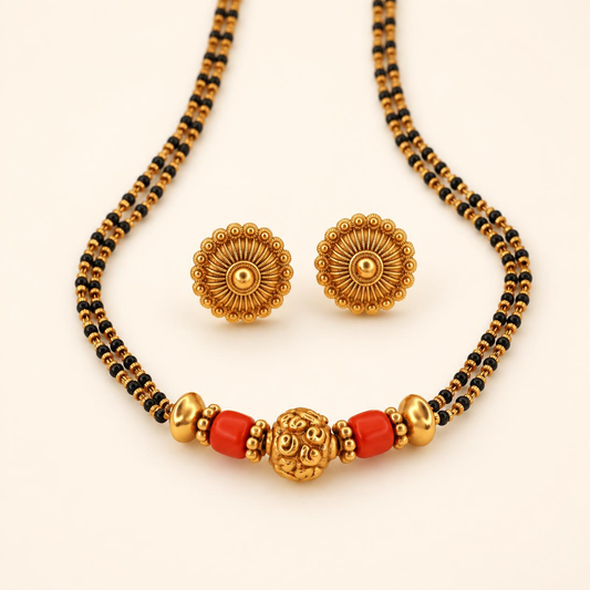 Coral gold mangalsutra triple strand black bead chain with carved gold pendant and matching antique gold sunflower stud earrings