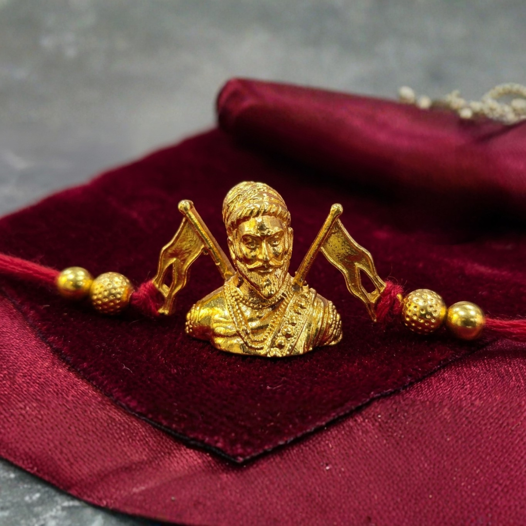 Premium Heritage Rakhi in gift box — 3D Shivaji Maharaj pendant with Maratha flag details, Jija Jewellery