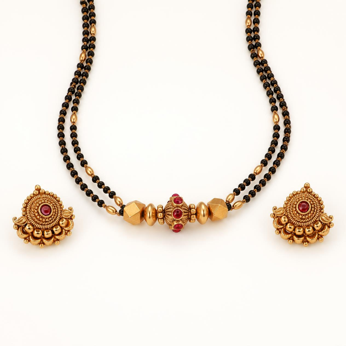 Ruby gold mangalsutra triple strand black bead chain with ornate pendant and matching stud earrings
