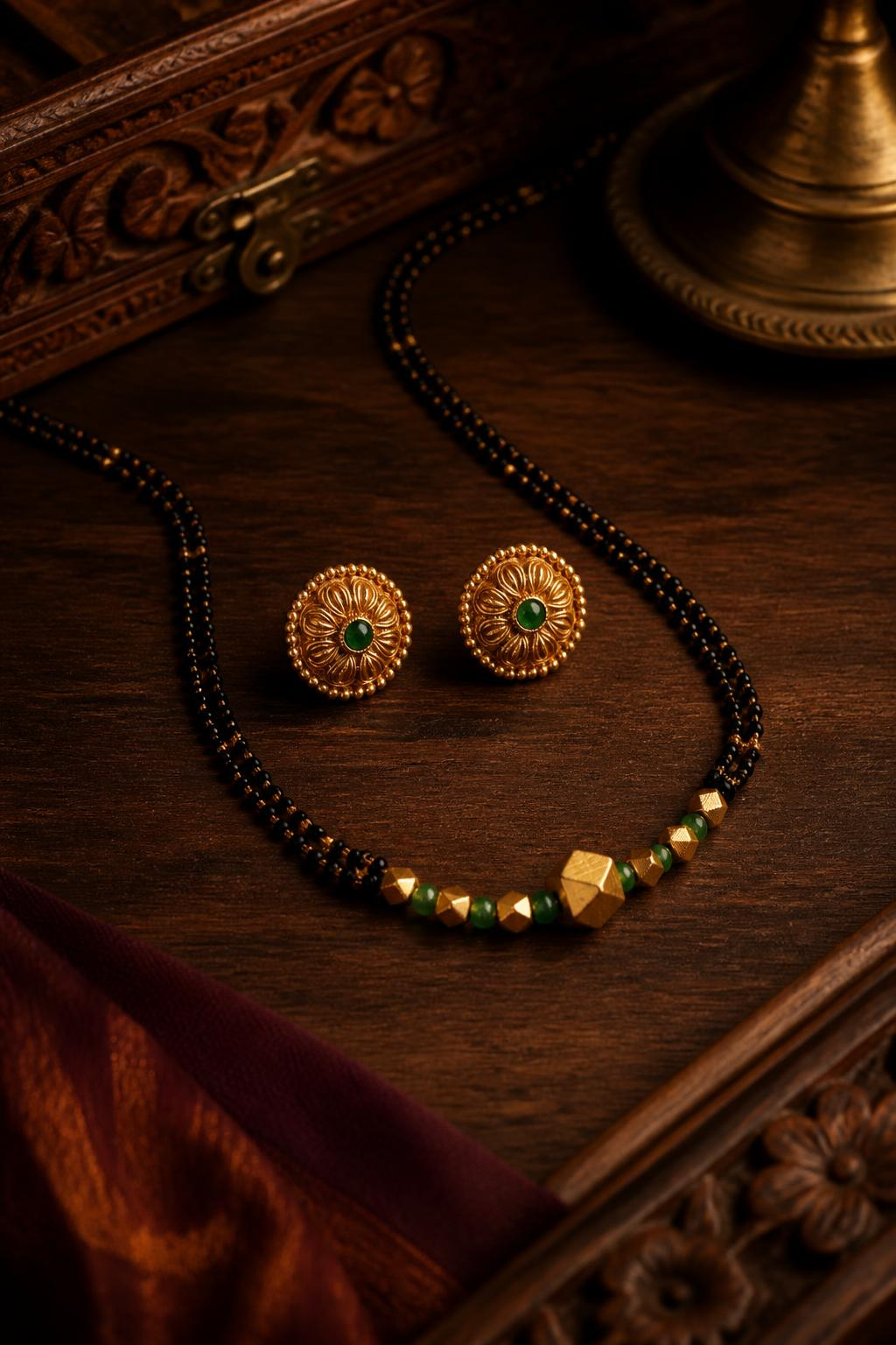 Antique gold plated black bead mangalsutra with green stone accents and matching oval floral stud earrings, displayed on a carved wooden tray