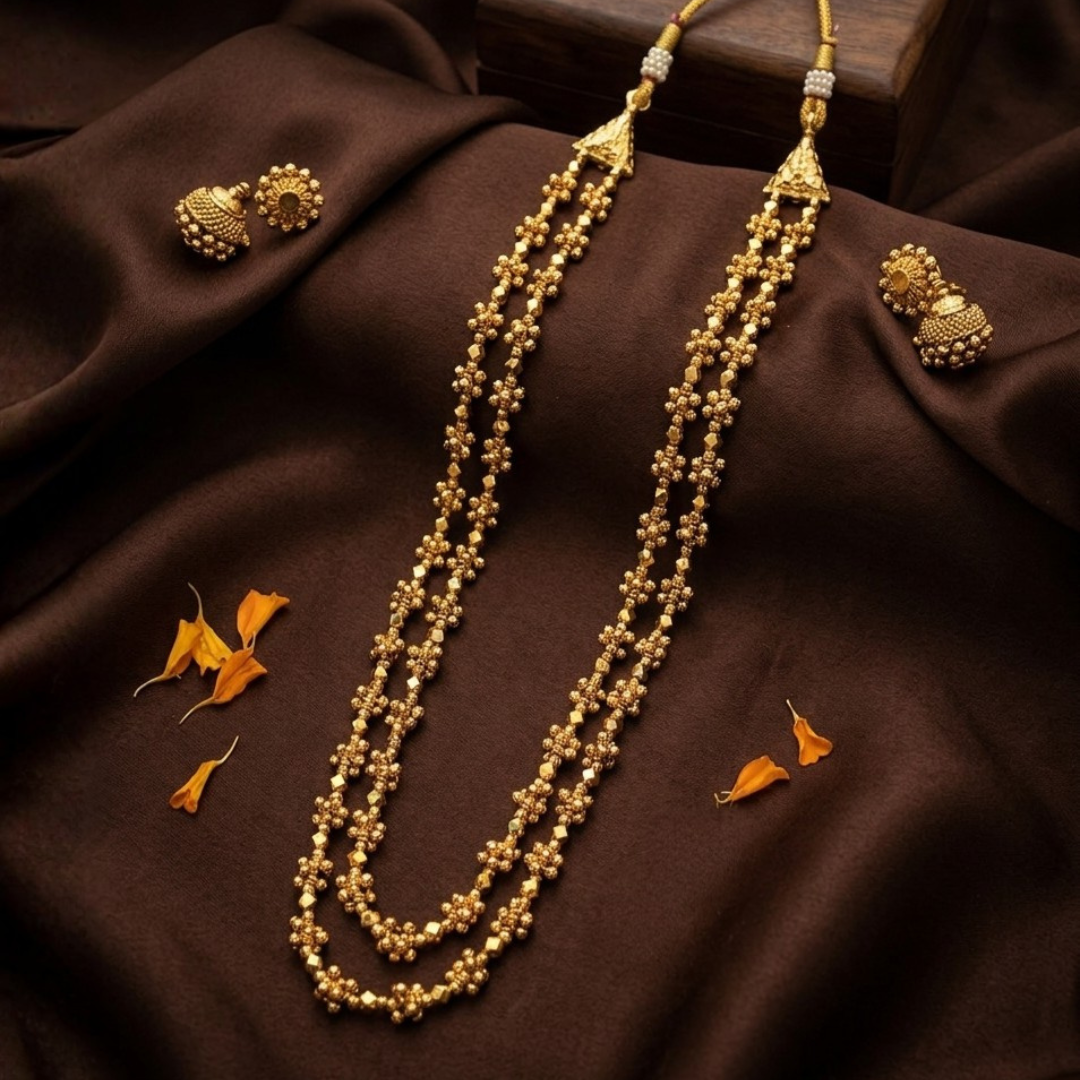 Ashtapailu Ghangru Mala 8-Strand Gold Plated Long Necklace – Detail View | Jija Jewellery Satara