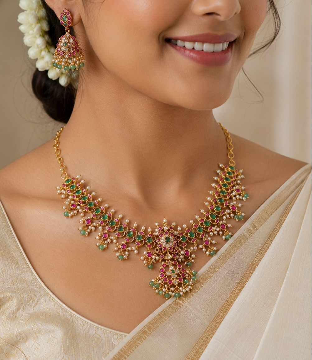 Pachi Kundan Bridal Necklace Set with Earrings – Ruby, Emerald & Pearl
