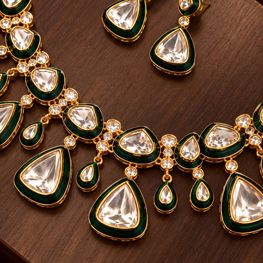 Close-up of emerald-green meena borders around the Moissanite Kundan stones on the collar necklace