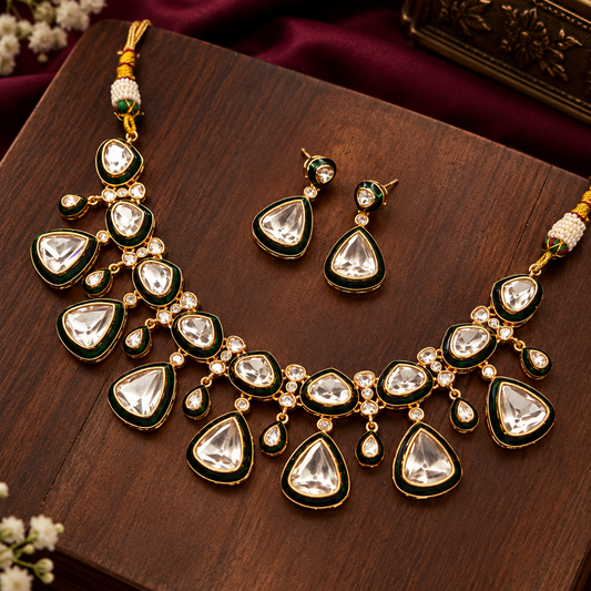 Gold-plated Moissanite Kundan necklace with emerald-green meena work and matching earrings