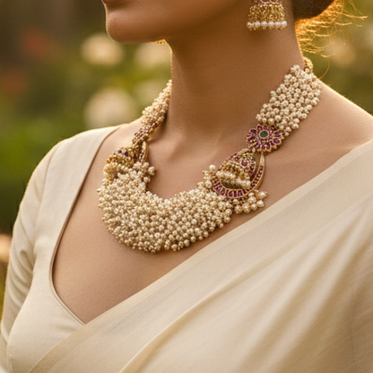 Close-up of handcrafted pearl embellishments and gold plating on Golden Pearl Symphony necklace – Jija Jewellery