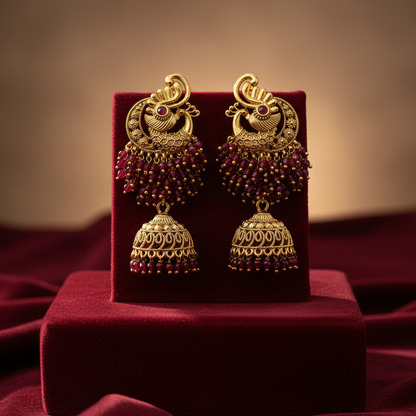 Peacock Red Crystal Crafted Zumka – Gold Plated | Ethnic Festive & Wedding Jhumki Earrings for Women