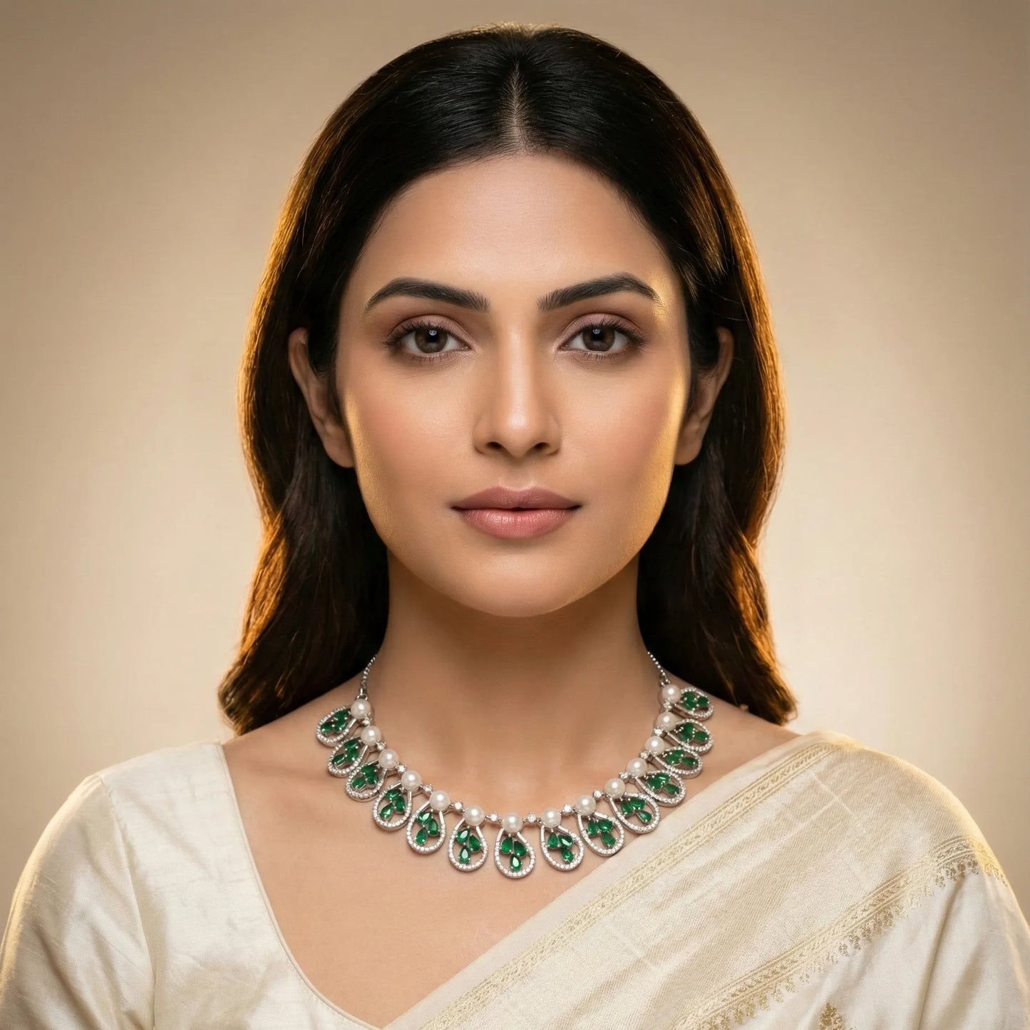 Green CZ Stones & Pearls Studded Necklace – Rhodium Plated | Ethnic Festive & Wedding Jewellery for Women