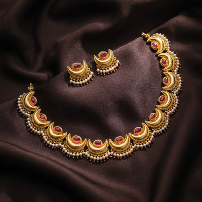 Chandrakor Necklace – Gold Plated Maharashtrian Crescent Design by Jija Jewellery – Front View