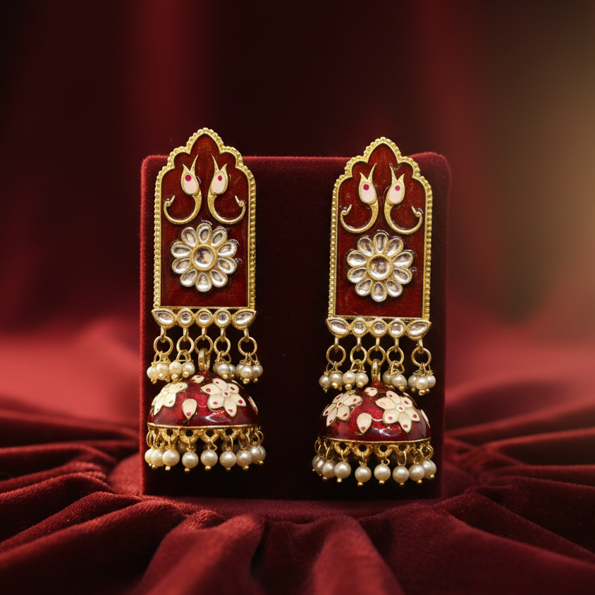 Red Meena Work Zumka Earrings