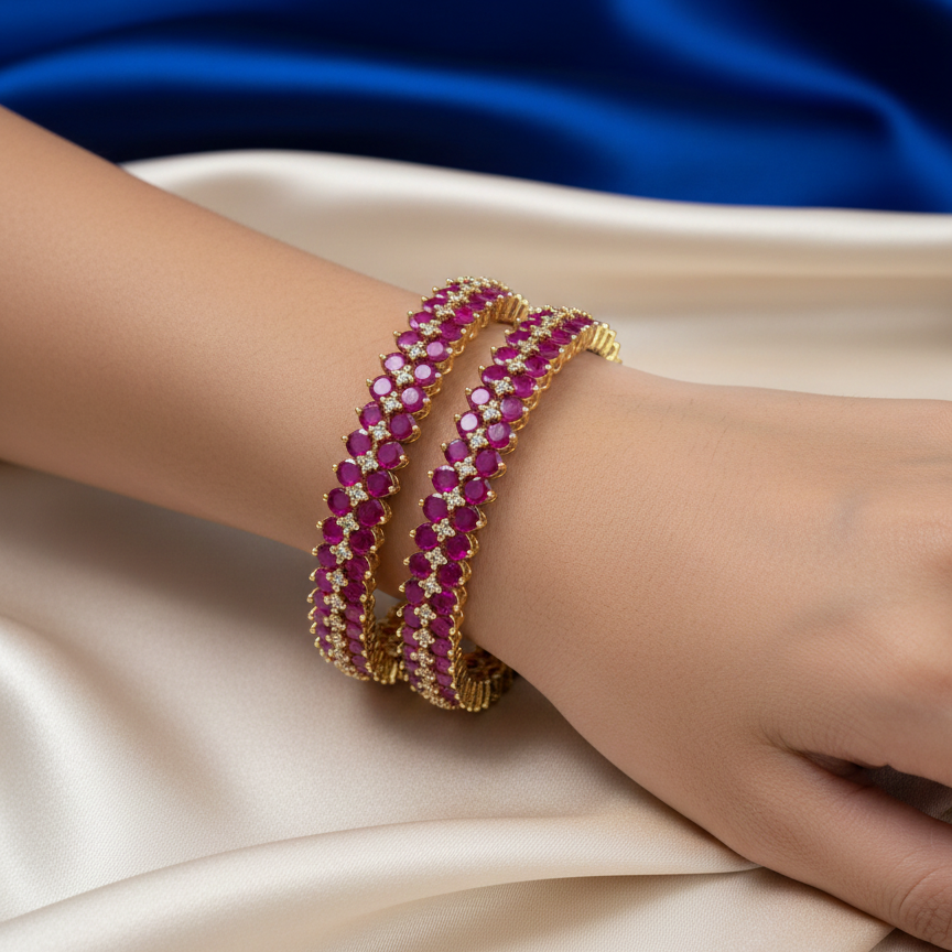 Gold Plated Ruby Stone Bangles With White Stones And Anti Tarnish Coating