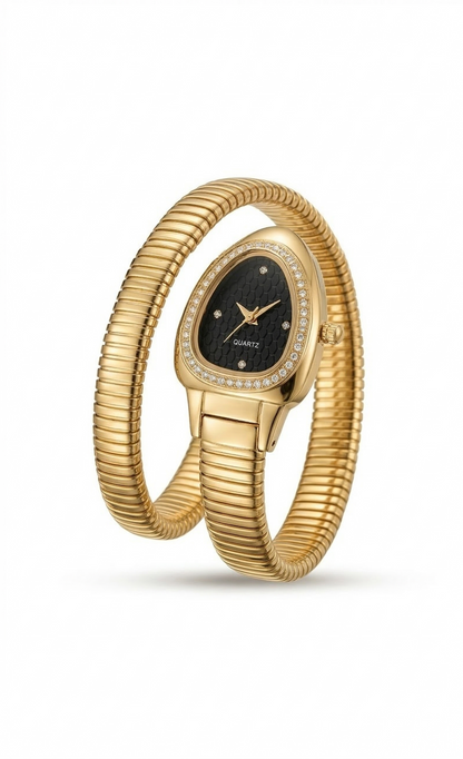 Black snake wrap watch — luxury serpent coil bracelet for women by Jija Jewels