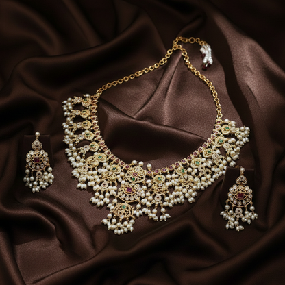 Golden Kaveri Necklace – Gold Plated South Indian Temple Ethnic Statement Necklace for Women