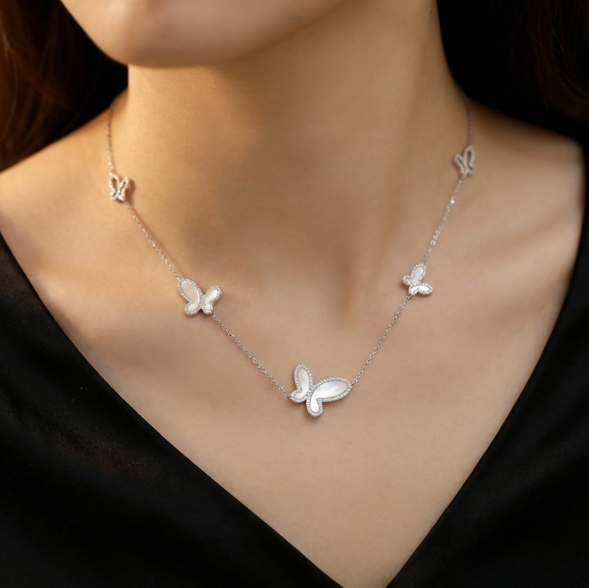 Silver Butterfly Charm Necklace | 925 Sterling | Mother of Pearl