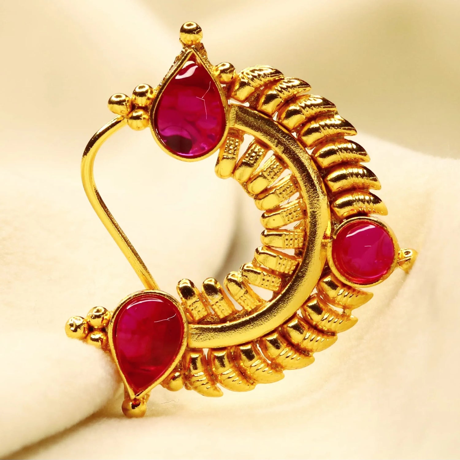 Gold-plated Maharashtrian nath in 92.5 sterling silver, front view - Marathi bridal nose ring