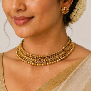 Close-up of Hirkani Thushi choker necklace detail – antique gold plated Maharashtrian jewellery for Nauvari saree