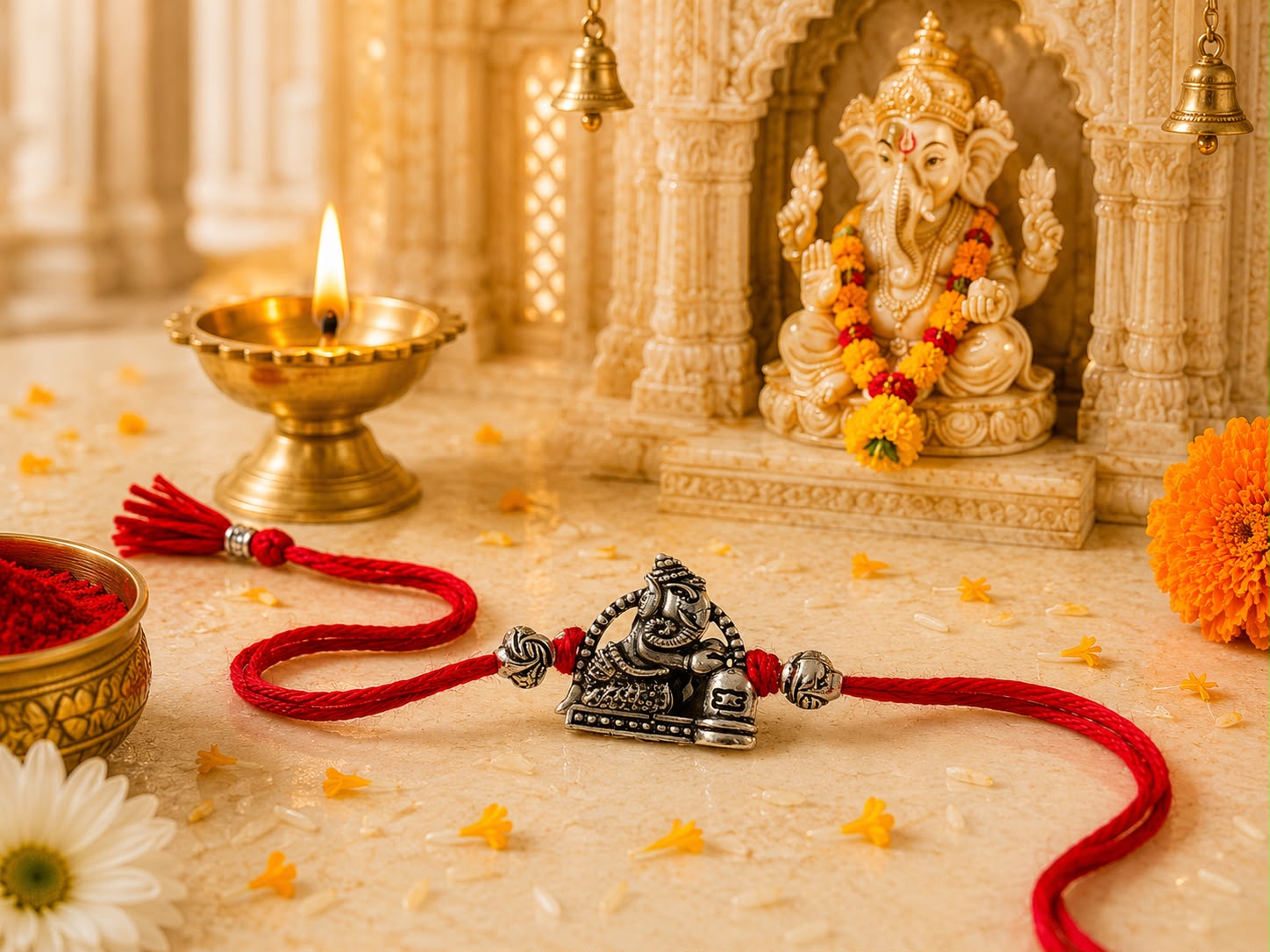 Ganpati worshipping the Shivling, Shiv Ganesh pooja rakhi with oxidised antique finish in skin-friendly nickel-free metal, handcrafted by Jija Jewels in Satara