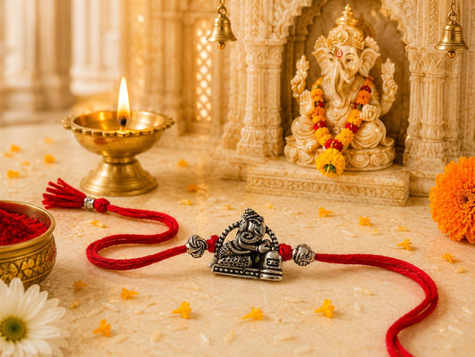 Ganpati worshipping the Shivling, Shiv Ganesh pooja rakhi with oxidised antique finish in skin-friendly nickel-free metal, handcrafted by Jija Jewels in Satara