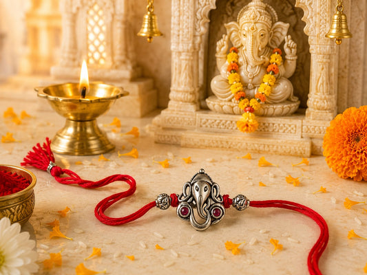 Ganesha Ganpati rakhi with oxidised antique finish in skin-friendly nickel-free metal, adjustable thread, handcrafted by Jija Jewels in Satara