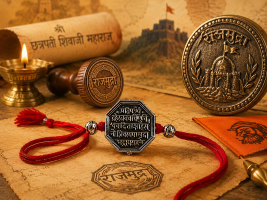 Shivmudra Rajmudra royal seal rakhi with oxidised antique finish in skin-friendly nickel-free metal, adjustable thread, handcrafted by Jija Jewels in Satara